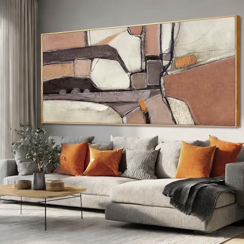 ZENPEE Brown & Grey Abstract Canvas Wall Art 32x71, Neutral Off-White Geometric Design with Wooden Frame, Modern Oversized wall art for living room - color: Brown & Beige, size: 70"L x 32"W