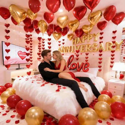 Anniversary Decorations, Happy Anniversary Banner, Hanging String Hearts, Red and Gold Balloons, Love Balloon, Red Silk Rose Petals for Wedding Bridal Shower Bachelorette Party Decorations