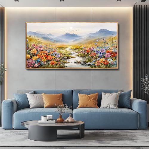 Nature Landscape Wall Art for Bedroom, Sunset Wildflowers Pictures 20X40 In - color: Flower Watercolour Painting Wood Framed, size: 40"L x 20"W