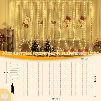 Ollny Curtain Lights 600LED 19.7ft x 9.8ft, IP67 Waterproof (Warm White) - color: Warm White, size: 19.7ft
