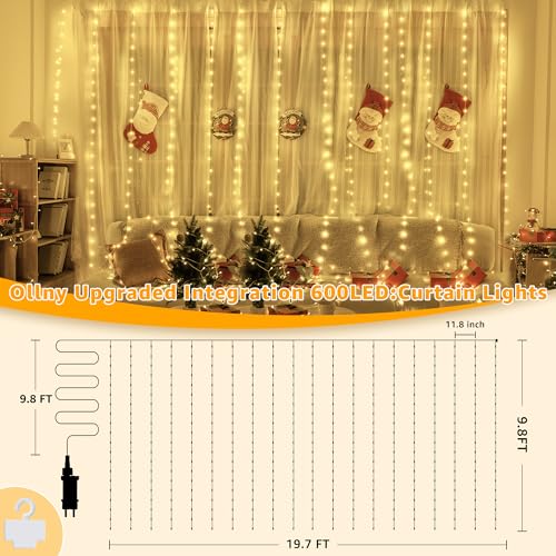 Ollny Curtain Lights 600LED 19.7ft x 9.8ft, IP67 Waterproof (Warm White) - color: Warm White, size: 19.7ft