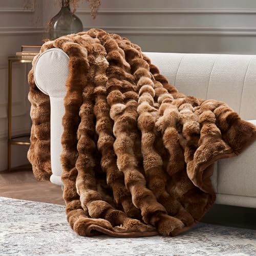 EverGrace Faux Rabbit Fur Bubble Throw Blanket, 60"x80", Lion Caramel - color: Marble Caramel Brown, size: 60"x80"