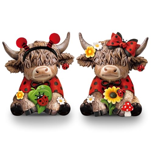 Karenhi 2 Pcs Highland Cow Figurines Resin, Ladybird Tabletop Decor - style: Ladybird