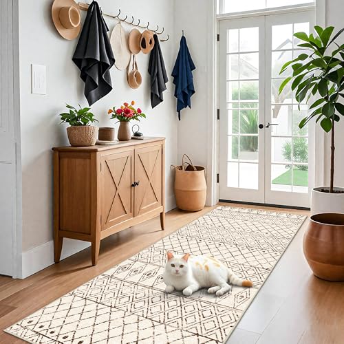 4x8 Geometric Beige Hallway Runner Rug: Moroccan Machine Washable Runner - color: Geo Beige, size: 4' x 8' (Rectangular)