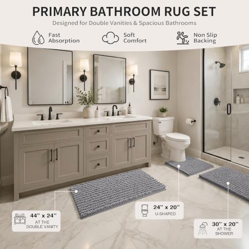Yimobra Bathroom Rug Set 3 Piece, Super Water Absorbent Bath Mat Set, Grey - color: Grey, size: 24"x20" + 30"x20"+ 44"x24"