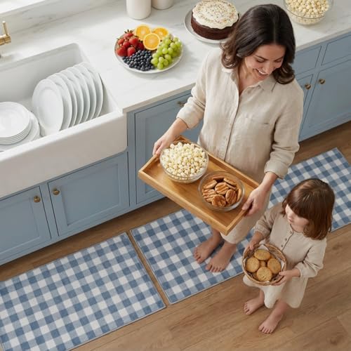 Dunzy 2 Pcs Blue Gingham Kitchen Mats Cute Farmhouse Plaid Runners Non-Slip - color: Blue
