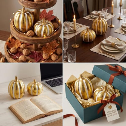 FESTGLOX 2Pcs Resin Pumpkin Figurines, Fall Thanksgiving Decor - color: Gold and White-2pcs
