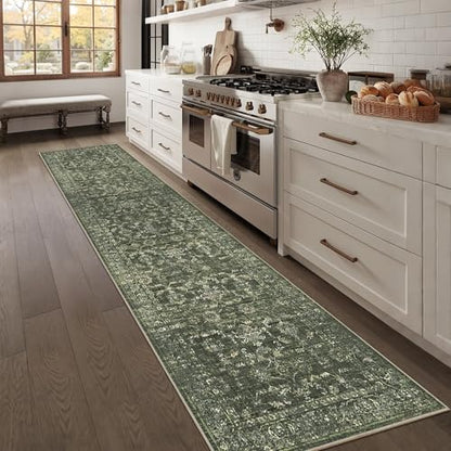 2.6x10 Washable Kitchen Runner Rug Soft Retro Dark Green Throw Carpet - color: Dark Green, size: 2.6' x 10' (Runner)