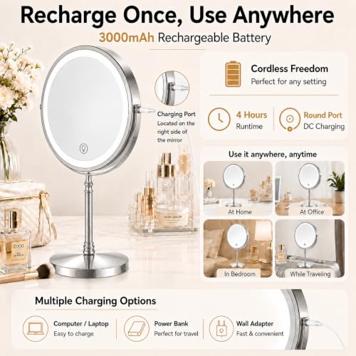 DEIOVWXS Makeup Mirror, Rechargeable Vanity Mirror with 3 Lights, 1X/10X - color: Nickel