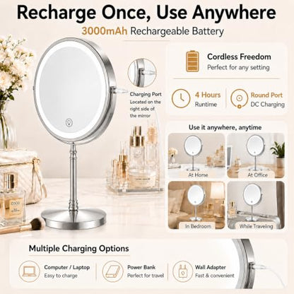 DEIOVWXS Makeup Mirror, Rechargeable Vanity Mirror with 3 Lights, 1X/10X - color: Nickel