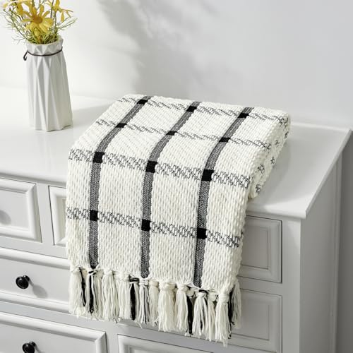 CREVENT 60"X80" Farmhouse Breathable Soft and Warm Chenille Plaid Throw Blanket for Sofa Couch Bed, Home Decoration Throw with Tassles (Black & White) - color: Chenille Black, size: 60inchx80inch