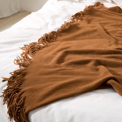 Homiest Camel Brown Knitted Throw Blanket with Fringe, 50x60 Inch - color: Brown, size: 50" x 60"