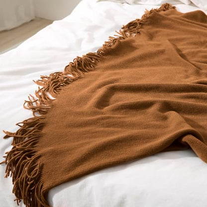 Homiest Camel Brown Knitted Throw Blanket with Fringe, 50x60 Inch - color: Brown, size: 50" x 60"