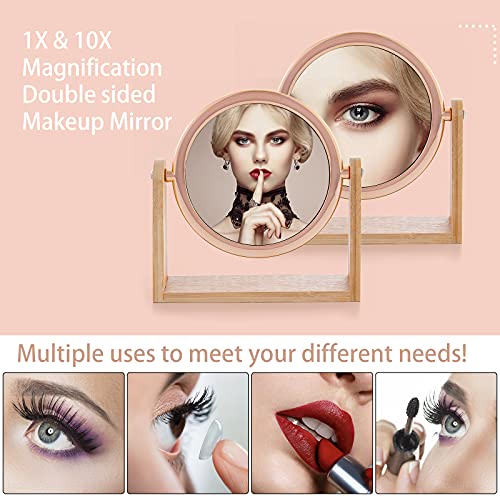 YEAKE Double Sided 10X Magnifying Makeup Mirror with Bamboo Stand,Small Desk Table Mirror with 360° Rotation,Standing Portable Cosmetic Mirror,Good for Shaving,Traveling(Rose Gold,Round) - color: Rose Gold-round (1x,10x)