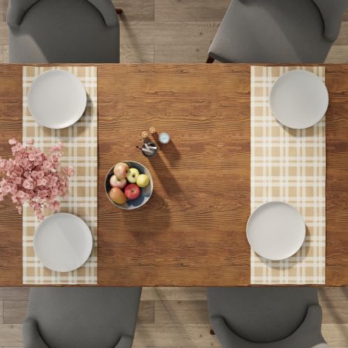 Encasa XO Table Runner, Woven Cotton Dining Linens 13"x36" Beige - color: Franca Beige Checks, size: 13x36 in