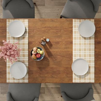 Encasa XO Table Runner, Woven Cotton Dining Linens 13"x36" Beige - color: Franca Beige Checks, size: 13x36 in