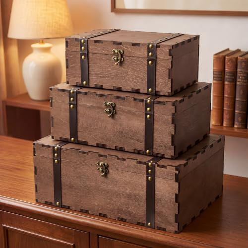 Sliner 3 Pack Vintage Wooden Keepsake Treasure Chest Box with Lock, S M L