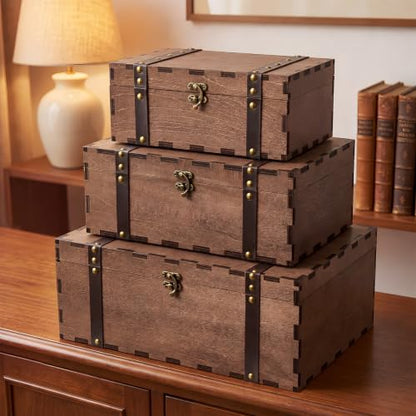 Sliner 3 Pack Vintage Wooden Keepsake Treasure Chest Box with Lock, S M L
