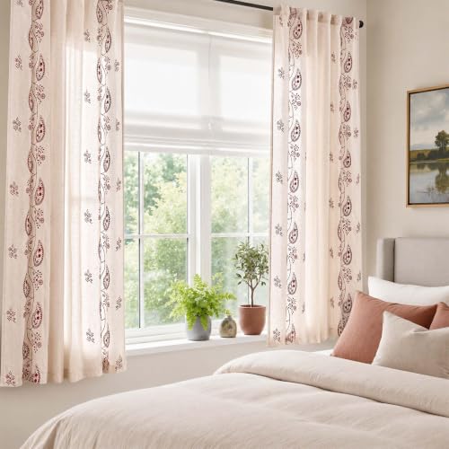 jinchan Linen Curtains 63 Inch Terracotta Floral Drapes Back Tab 2 Panels - color: Terracotta on Beige, size: 50"W x 63"L (Pack of 2)
