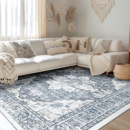 BESTSWEETIE Washable Boho 6x9 Area Rug for Living Room, Blue Grey White - color: Grey, size: 9' x 6' (Rectangular)