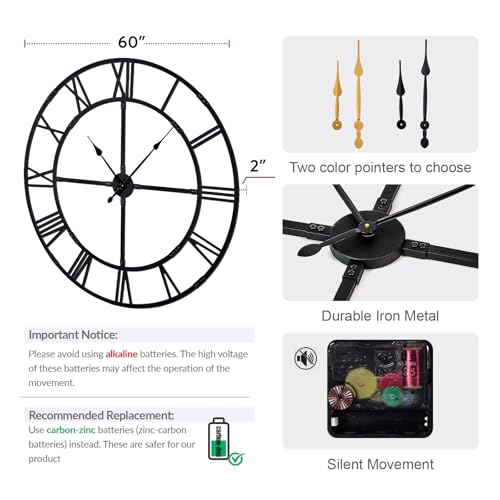 60 Inch Large Silent Wall Clock, Easy Assembly Roman Numeral Black - color: Black Metal Wall Clock, size: 60inch