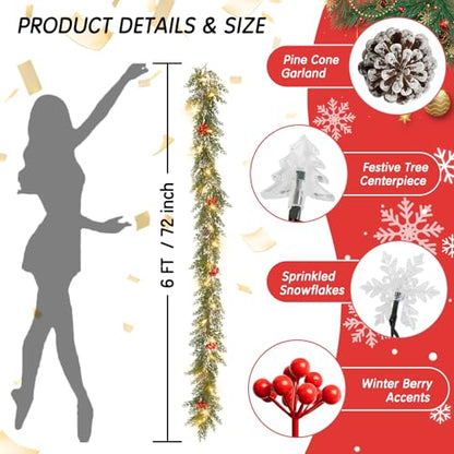 6FT Christmas Garland with Lights Battery Operated Lighted Christmas Garland with Pine Cones Red Beries,Twinkle Snowflake& Tree Mixed LED Lights Mantle Xmas Christmas Decoration Indoor Outdoor