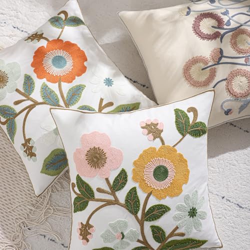 Embroidered Pillow Covers 18x18 inch Pack of 2 Green Orange Flower - color: Orange and Green Flowers