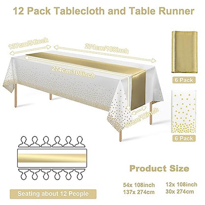 12Pack Disposable Plastic Tablecloths and Satin Table Runner Set White and Gold Dot Tablecloth Gold Satin Table Runner for Wedding Birthday Baby Shower Anniversary Christmas New Year Party Supplies - color: White and Gold, size: 12 Pack