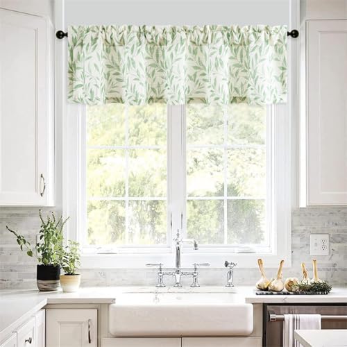 VOGOL Curtain Valances Leaves Meticulous Printed Window Curtains for Kitchen, Top Rod Pocket 60 x 14 Valance for Farmhouse Small Window, Green, One Panel - color: Green, size: 60"W x 14"L (Pack of 1)
