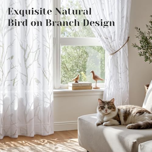 HOMEIDEAS White Semi Sheer Curtains 84 Inches Long,Birds on Branch,2 Panels - color: White - Birds on Branch, size: 52"W x 84"L (Pack of 2)