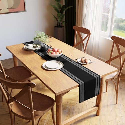 Encasa XO Table Runner, Yarn Dyed Ribbed Cotton 13"x94" - color: Ladder Black, size: 13x94 in