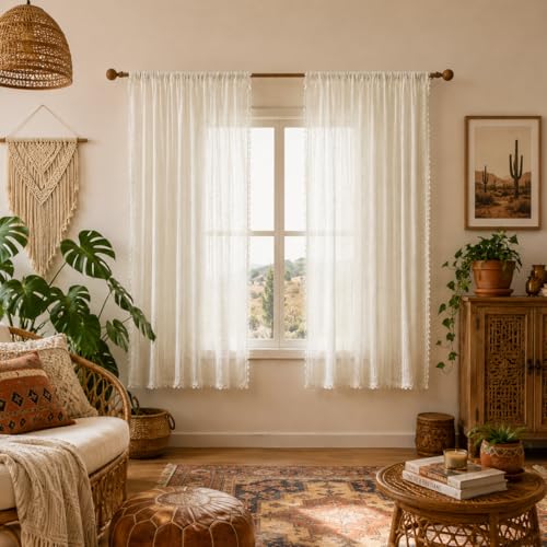 WAZZIO Boho Lace Curtains 63 inch Curtains 2 Panel,Rod Pocket Vintage Bohemian Farmhouse Crochet Cotton Geometry Privacy Sheer Curtain Drapes Farmhouse for Living Room Bedroom,Off White - color: Off White, size: 59"W x 63"L (Pack of 2)