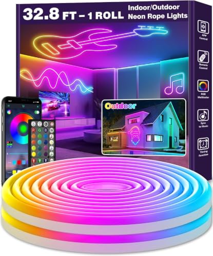 AILBTON 32.8FT Neon Rope Lights, RGB LED Strip Lights, Waterproof IP67 LED Lights for Bedroom, DIY Design, Music Sync, Remote Control, Multiple Modes for Bedroom - size: 32.8FT
