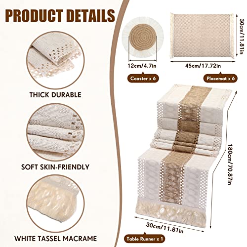 Tatuo 13 Pcs Macrame Table Runner Placemat Coaster Set, Boho Tassel, Retro