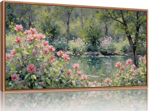 YeeHomedec Monet Botanical Framed Canvas Wall Art, Impressionist Floral Garden Wall Decor, Vintage Pond Tree Artwork, Nature Landscape Art Paintings for Living Room Bedroom Bathroom 20"x40" - color: Monet Garden, size: 40"L x 20"W