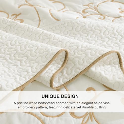 100% Cotton Oversized Bedspread Quilt Coverlet Set, 128"x120" Extra Large Cal King Bedspreads with Pillow Shams, Lightweight Embroidered Bedding Cover 3 Piece, Beige/White - color: Beige/White, size: Extra Wide Super King(128"x120")