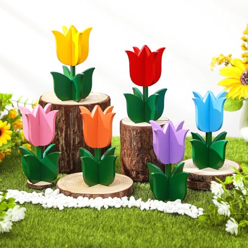Yuntau 6pcs Spring Tulips Wood Signs Rustic Farmhouse Tulip Flowers Table Decoration Retro Tulip Table Centerpiece Tiered Tray Decor Multicolor Tulips Floral Block Tabletop Signs Home Decor(Vibrant) - style: Vibrant