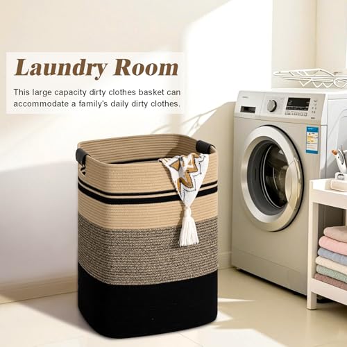 Laundry Hamper, 85L Tall Laundry Basket with Leather Handles, Rectangle Large Clothes Hamper for Organizing, Cotton Woven Laundry Baskets Storage Hampers for Bedroom, Nursery, Living Room - color: Jute& Black, size: 85L