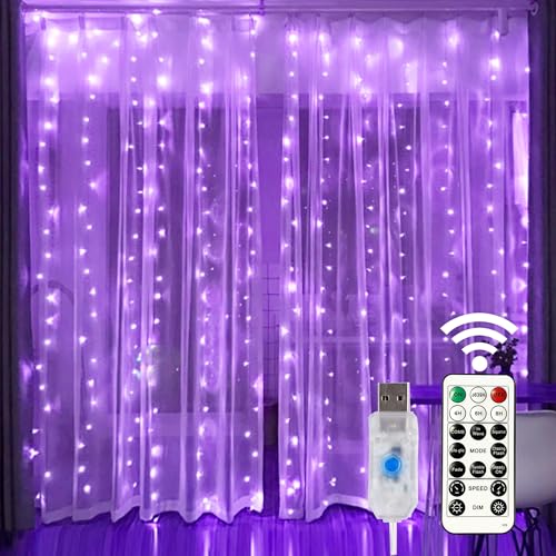 HOME LIGHTING Window Curtain String Lights, 300 LED 8 Lighting Modes Fairy Copper Light with Remote, USB Powered for Halloween Christmas Bedroom Party Wedding Home Garden Wall Decorations, Purple - color: Purple