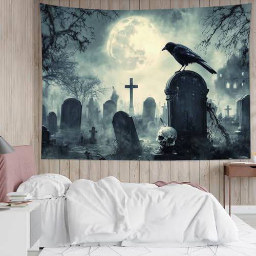 HVEST Halloween Tapestry Wall Hanging Horror Tombstone and Scary Skull in Cemetery Wall Art Spooky Dead Tree and Crow under Full Moon Tapestry for Bedroom Living Room Dorm Wall Decor, 51L X 59W inches - color: Gray, size: 51"L x 59"W