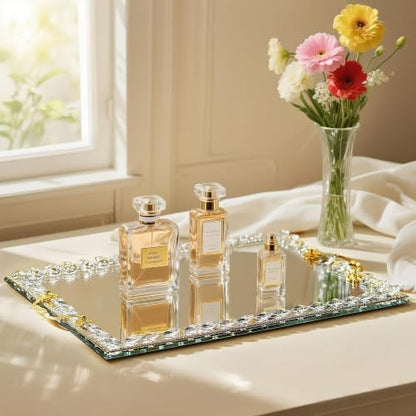 Large Crystal Tray Modern Glass Mirror Jewelry Trinket Trays with Diamond - color: Clear,rectangular2