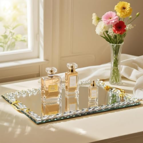 Large Crystal Tray Modern Glass Mirror Jewelry Trinket Trays with Diamond - color: Clear,rectangular2
