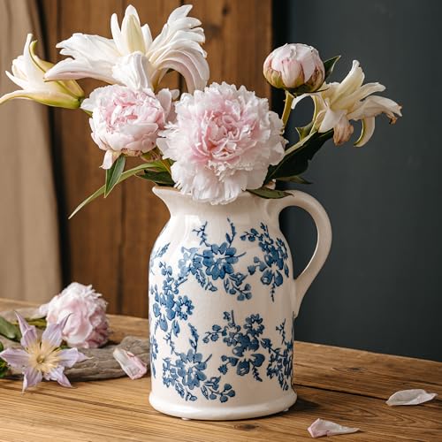 Blue and White Pitcher Vase, 8 Inch Vintage Chinoiserie Ceramic Flower Vase, Rustic Retro Ice Cracked Antique Porcelain Vases for Home Farmhouse Table Centerpieces Shelf Decor - color: Blue & White, size: Pitcher