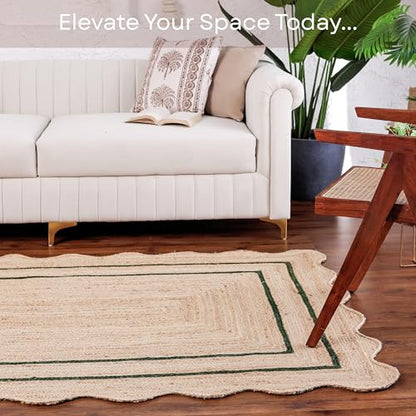 Wave Scalloped Jute Rug Entryway Natural Boho Area Rug Green 2'x4' - color: Emerald Green, size: 2'x4'