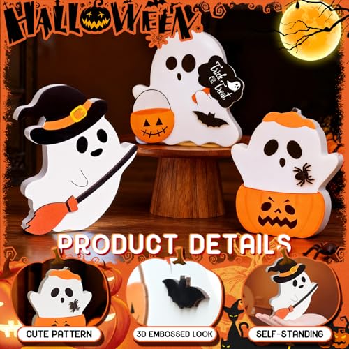 Cute Halloween Decorations Indoor, 3 PCS Wooden Ghost Halloween Decor for Home Table Office Desk Tiered Tray Party Shelf Display Mantle Kitchen Room Spooky Decorations - style: Ghost