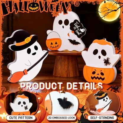 Cute Halloween Decorations Indoor, 3 PCS Wooden Ghost Halloween Decor for Home Table Office Desk Tiered Tray Party Shelf Display Mantle Kitchen Room Spooky Decorations - style: Ghost