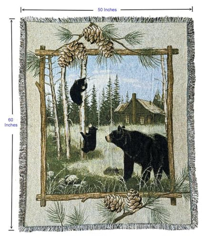 Log Cabin Bear Family Woven Tapestry Throw Blanket 50"x60" - color: Bear Family
