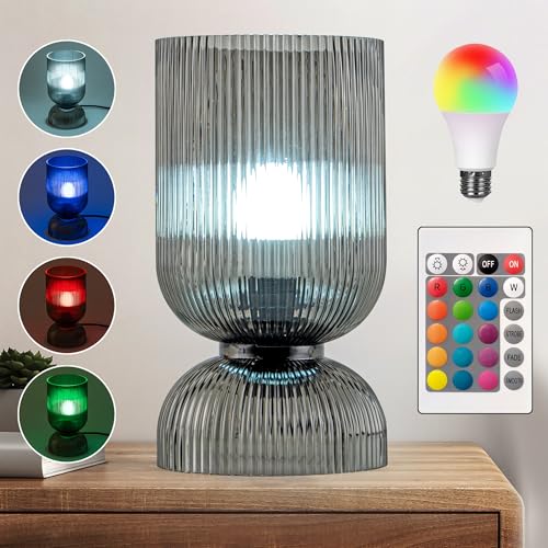 Modern RGB Glass Table Lamp with Remote，Color Changing Bedside Lamp with Ribbed Glass Shade, 16 Colors, On/Off Cord Switch, Nightstand Lamp for Bedroom, Living Room, Office, Bulb Included - color: Grey-RGB