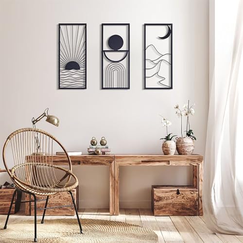 DUOOLN 3pc Metal Celestial Wall Decor Art, Abstract Geometric Sculptures - color: Black - Sun & Moon