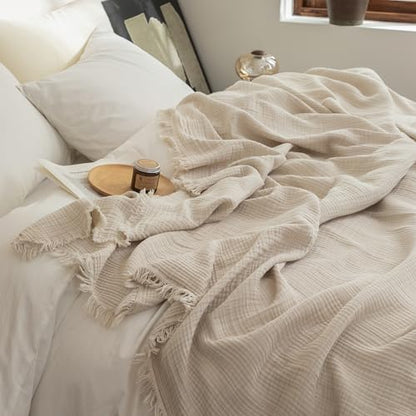 FOSSA Muslin Blanket 4-Layer 100% Cotton Gauze Blanket with Fringe 90"x90" - color: Beige, size: Queen (90" × 90")